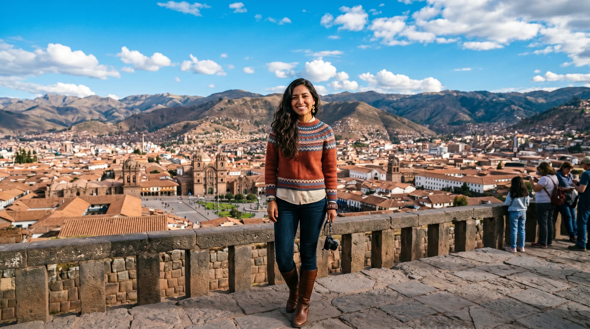 Mujer en mirador de Cusco con la plaza de fondo